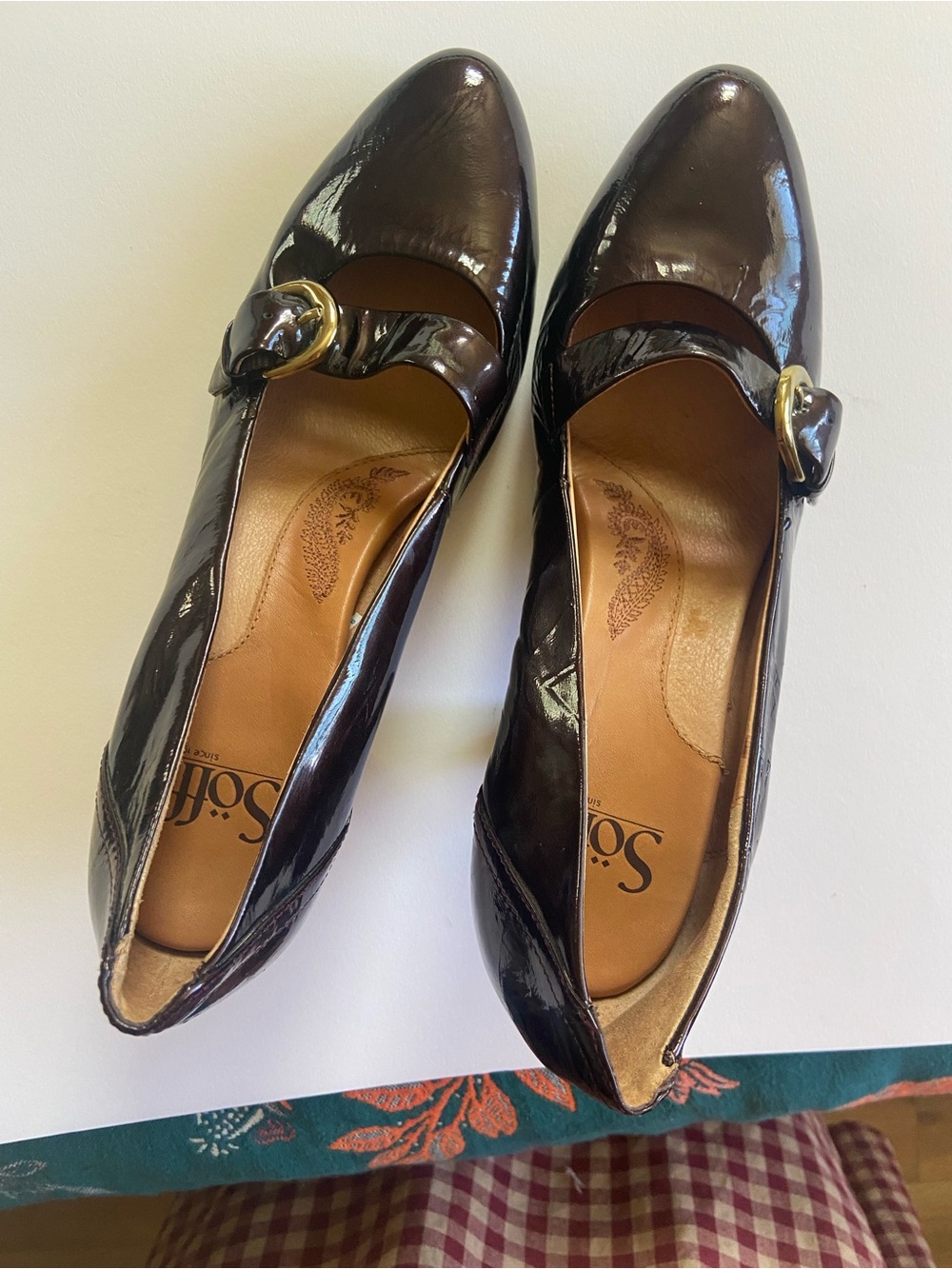Söfft Black Patent Mary Jane Heels with Gold Buckle